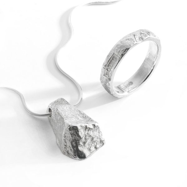 Sterling silver hammered rock unisex ring and necklace