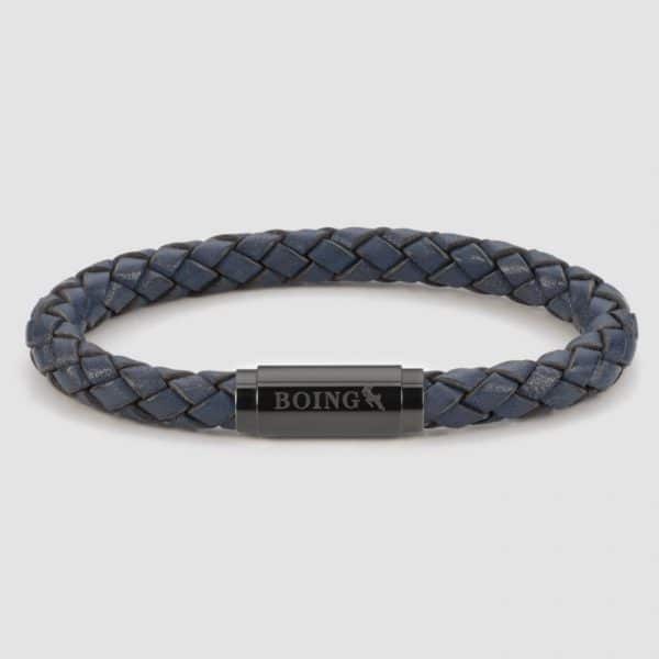 Blue leather bracelet black pad clasp