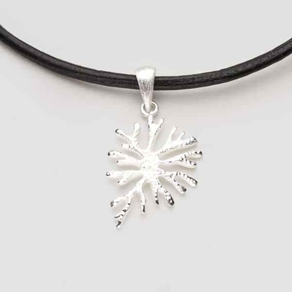 Silver coral pendant necklace leather cord