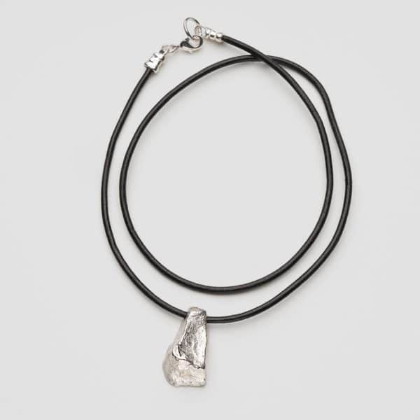 Silver rock pendant necklace leather cord