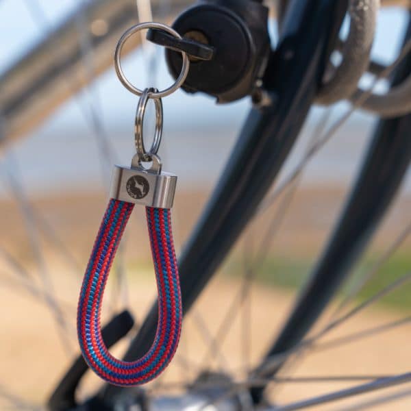 Red and Blue key fob key ring for a bike lock key