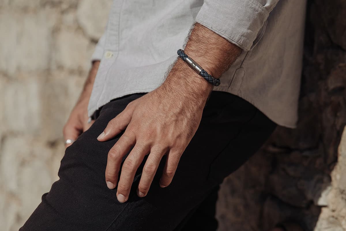 Man wearing leather bracelet